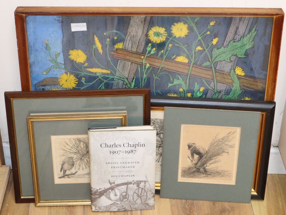 Charles Chaplin (1907-1987), a pastel and five etching, Study of dandelions, 50 x 64cm, Winter scene, Harvester, Old Joe, Ancient